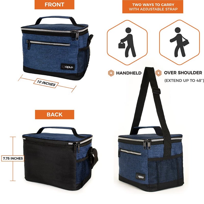 opux Insulated Lunch Box Men Women, Lunch Bag for Work School, Leakproof Soft Cooler Tote Adult, Large Lunch Pail Kids Boys Girls, Picnic Beach Food Bag with Shoulder Strap, Heather Navy - Image 3